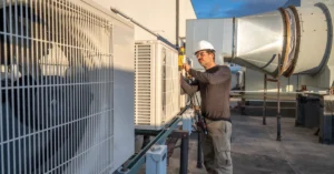 Technician performing diagnostics on rooftop commercial HVAC units with specialized tools, ensuring optimal system efficiency and compliance for large-scale Sacramento building projects.