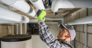 Professional plumber performing maintenance on a commercial plumbing system, inspecting insulated pipes in a utility room to ensure efficient operation and code compliance.