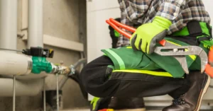 Close-up of a commercial plumber in safety gear holding pipe wrenches while inspecting and maintaining an industrial plumbing system with insulated piping.