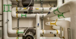 Detailed view of a commercial mechanical room with labeled insulated pipes for condenser water, heating water, and domestic hot water, showing a well-maintained plumbing and HVAC system.