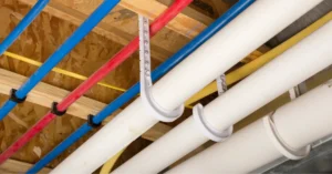 Close-up view of commercial plumbing system with color-coded PEX and PVC pipes mounted to ceiling joists, showcasing organized water supply and drainage installation.