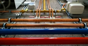 Organized commercial plumbing system featuring copper and color-coded piping with valves and connectors, highlighting precision installation in a mechanical room.