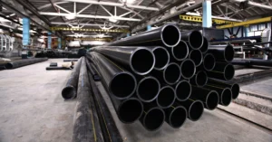 Stack of large-diameter industrial black pipes stored in a commercial fabrication facility, prepared for installation in a commercial plumbing or utility infrastructure project.