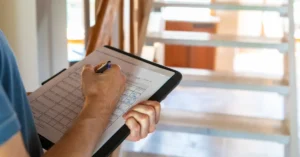 Close-up of a person filling out an air quality inspection checklist on a clipboard inside a building, representing indoor environmental assessment practices.