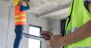 Construction worker holding a clipboard and taking notes during an indoor building inspection, while another worker performs ceiling maintenance in the background.
