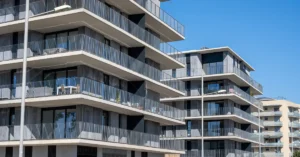 Modern multifamily residential buildings with expansive glass balconies and minimalist architecture, illustrating contemporary urban housing construction in 2025.