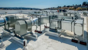 Rooftop HVAC ductwork and ventilation system installed on California commercial building